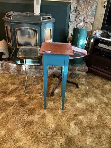 Three stands: brass tone, country blue, round candlestand