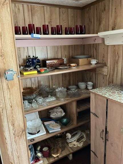 Contents of five shelves: ruby tumblers, pressed glass, wooden dresser box, china, decor items, misc