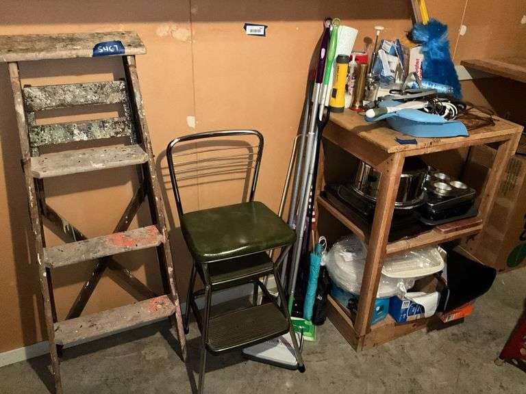 3-tier stand w/ contents, kitchen step stool, wooden step ladder, floor cleaners, umbrellas, misc