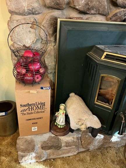 Southern Living wire farmhouse basket w/ faux apples, girl figurine, wooly sheep