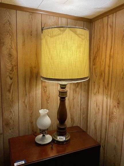 Milk glass hobnail dresser lamp, vintage table lamp w/ wooden insert, drum shade