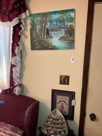Wall hangings: Powell landscape painting, framed needlework