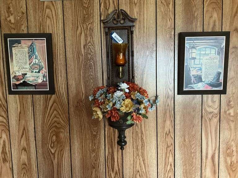 Wall hangings: two patriotic plaques, and floral votive wall sconce