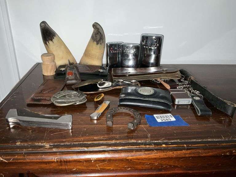Pocket warmers, belt buckle, Harley Davidson wallet, pocket lighter, key ring, pocket knife & more