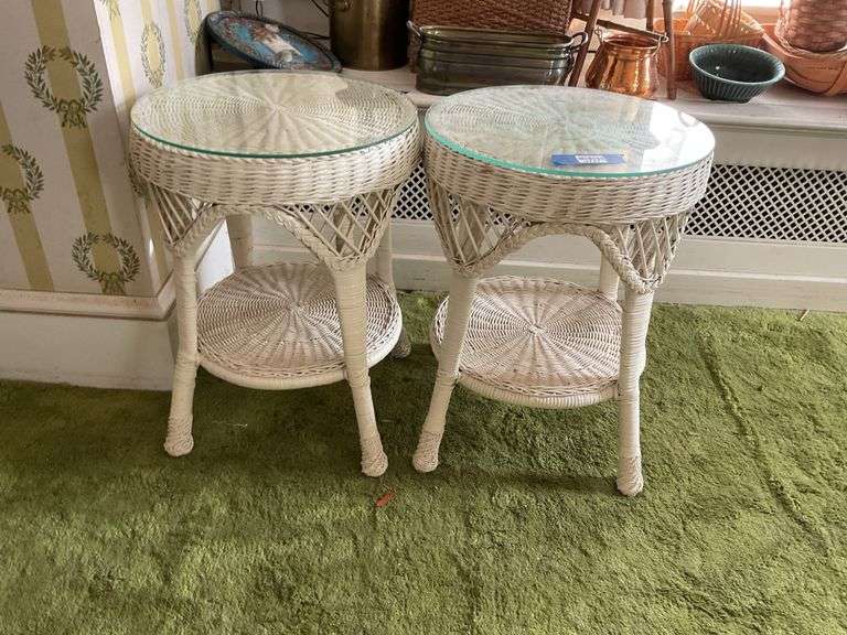 Two white wicker end stands w/ protective glass tops