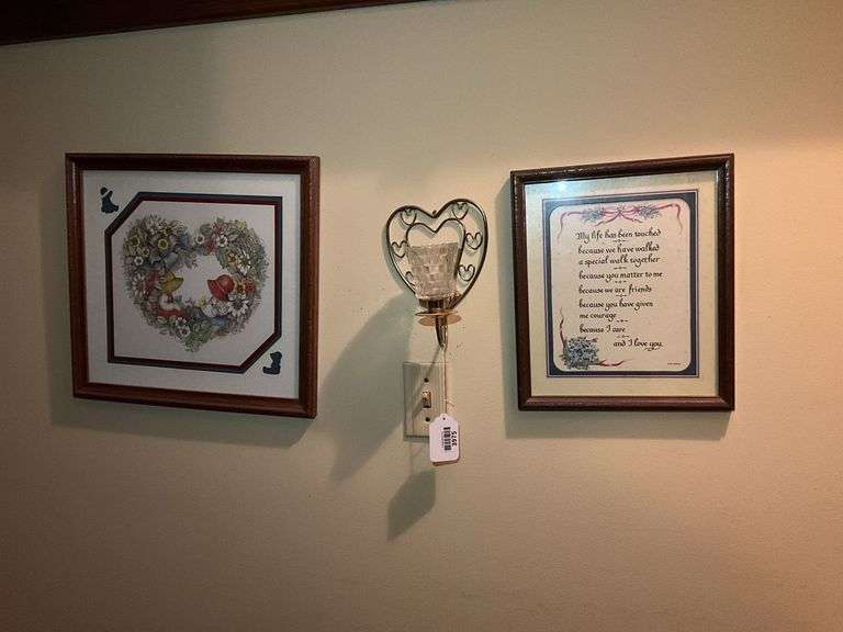 Wall hangings: heart candle wall sconce, framed heart and quotation, plastic framed mirror and wall planter