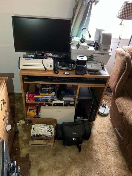 Computer desk and all contents: computer equipment, printer, misc 36x20x29