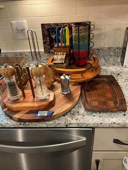 Lazy Susan, coasters, coffee mugs w/ rack, cutting boards, napkin holders, paper towel holder, salt/peper mills, cutlery