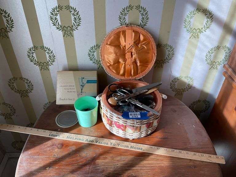 Vintage sewing basket and notions, sewing machine attachments, , advertising yardstick