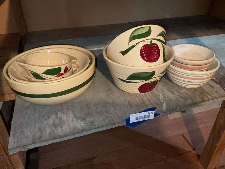 Six Wattware pottery bowls, and two mixing bowls w/ slip stripes
