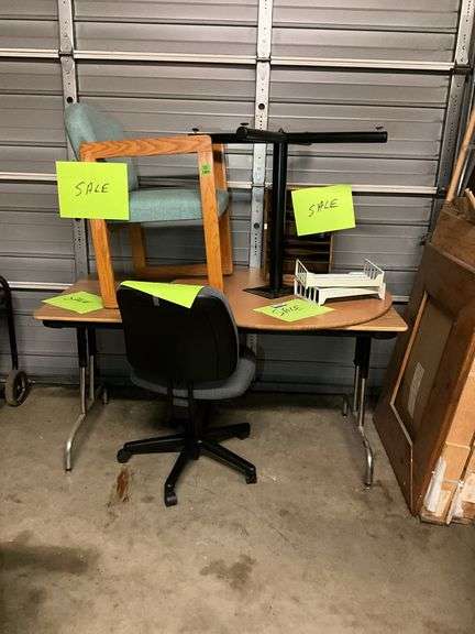 Two tables, swivel chair, arm chair, file trays