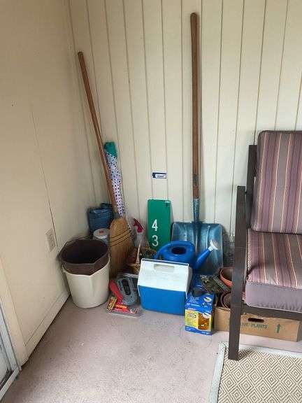 Corner lot: Craftsman stapler, shovel, broom, buckets, watering can, misc