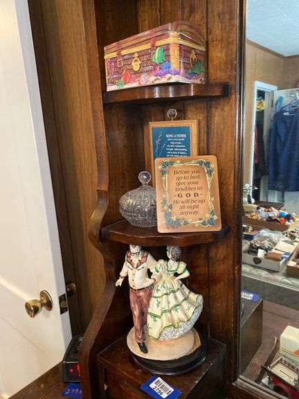 Contents of dresser what-not shelves - religious, ceramic square dance figures