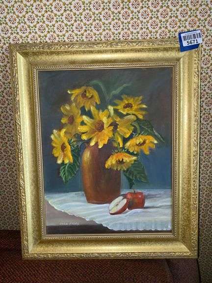 Joan Fries painting, floral arrangement and apple, framed