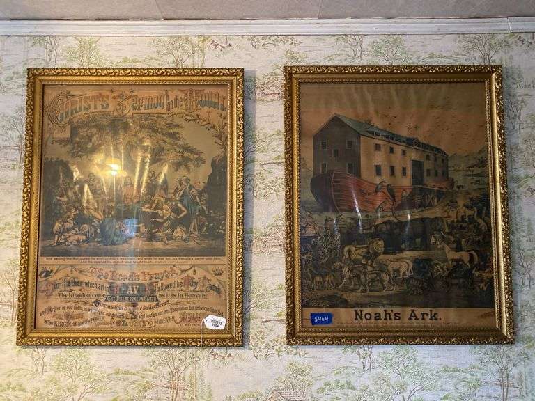 Two Christian tinted lithographs in gilt frames: The Sermon on the Mount, and Noah's Ark