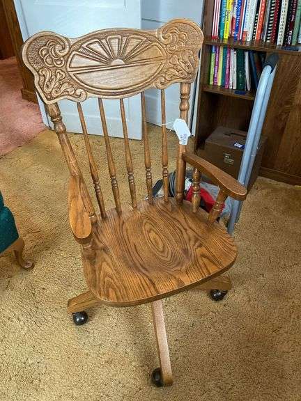 Oak, press back rolling desk chair