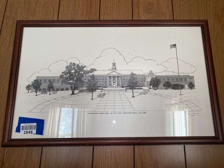 Framed, signed Robert Morrow 1989 print Waynesboro Senior High & Junior High School