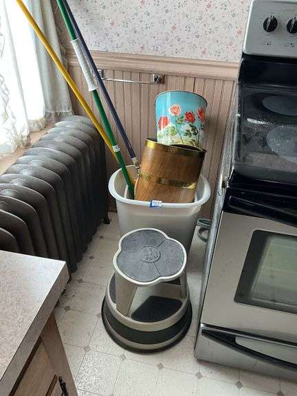 Library stool, vintage tin waste cans, plastic waste cans, mop, brooms