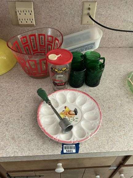 Vintage glass and ceramics: MCM starburst bowl, two Glasbake dishes, auto cocktail shaker, green mugs, chicken deviled egg plate, green-handled utensil