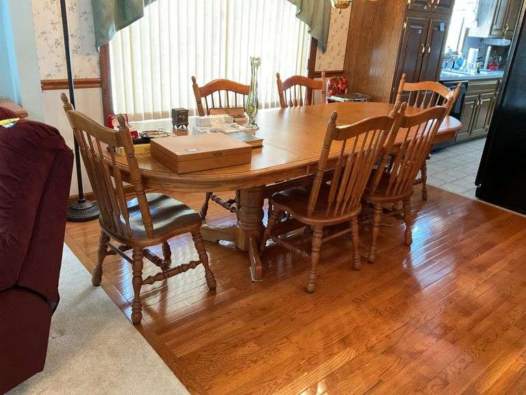 Oak double pedestal extension dining table and set of six arrow back dining chairs 108x30x42