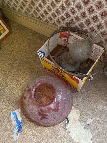 Cranberry glass bullseye lamp shade and  hanging oil lamp parts