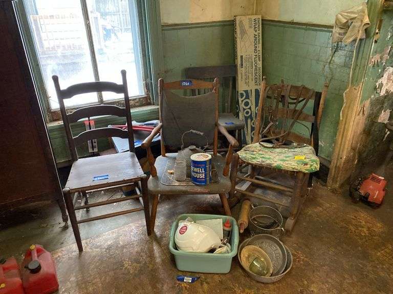 Corner lot: ladderback and other chairs, teakettle, kitchenware, hardhat, misc