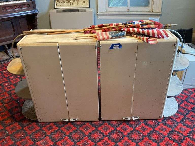 Two Art Deco metal kitchen cabinets w/ curved side shelving, Kitchen Beauty Styled by Lyon Metal Products