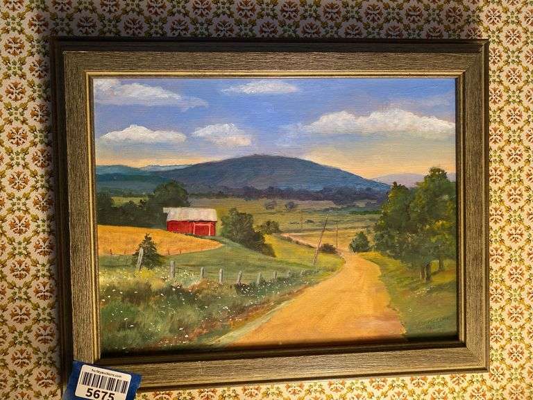 Christine Fries landscape w/ barn painting, framed