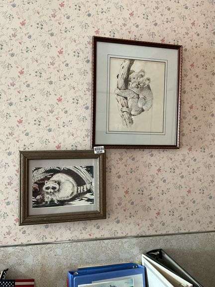 Chris Fries koala bear artwork, and raccoon, framed