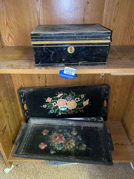 Contents of two shelves: wood and tin tole trays and document box