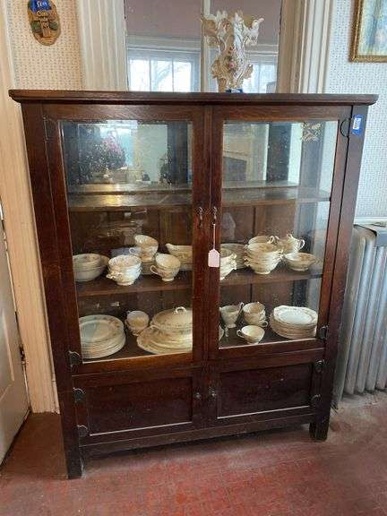 Arts & Crafts oak china closet w/ mirrored top shelf - includes flatware chest - dinnerware not included 48.5x15.5x60