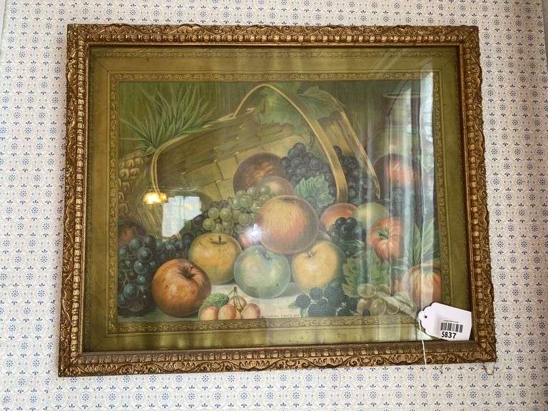 Fruit basket lithograph in gilt frame, copyright 1904