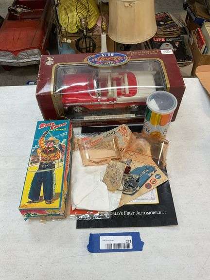 Box only for ALPS tin wind-up Cowboy Rope Spinner toy, diecast 1956 Chevrolet Belair in box, Schuco toy paperwork, Western buckle, misc