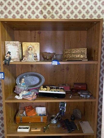 Contents of two shelves: Pocket knife, Yesterdays Child figurines, half doll pincushion, hankies, dresser boxes, chess pcs, misc
