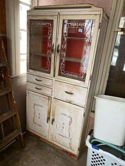 Vintage wooden kitchen cupboard w/ decorated glass and lower doors35x12x71
