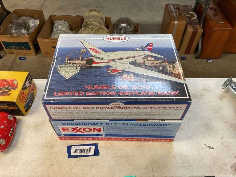 Humble Oil DC-3 airplane bank in box, and Exxon Beechcraft D17 airplane bank in box