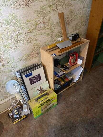 Shelf unit and office supply contents, security box, desk light, frames
