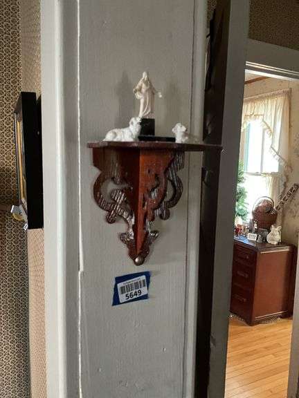 Wall hangings: fret sawn bracket shelf w/ contents, and twig wreath decor