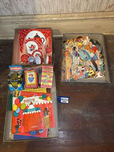 Vintage paper dolls, tin dishes, gyroscope, card games, children's books