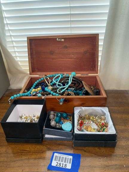 Misc costume jewelry including Lane cedar jewelry box w/ contents