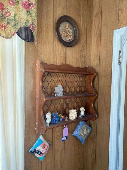 What-not wall shelf and contents, framed mirror
