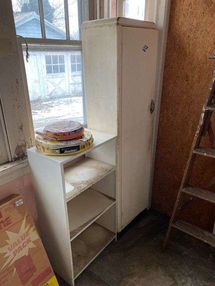Metal storage cupboard, and white shelf unit - no contents