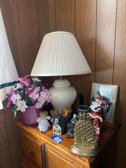 Dresser lamp, florals, Christmas decor, bookends, framed prints, picture frame