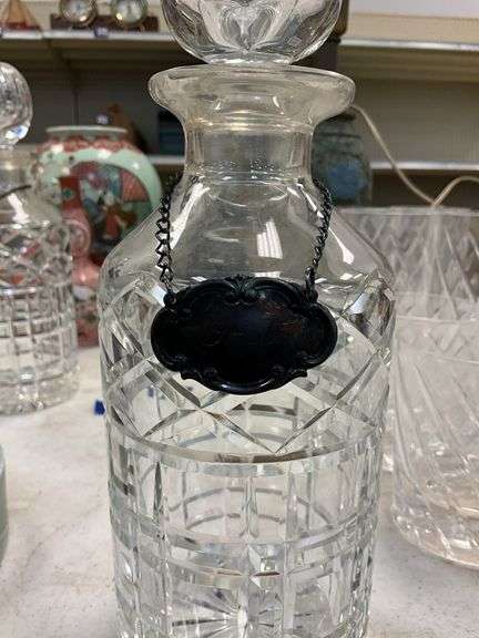 Two cut crystal liquor decanters w/ bottle tags. Scotch bottle tag made ...