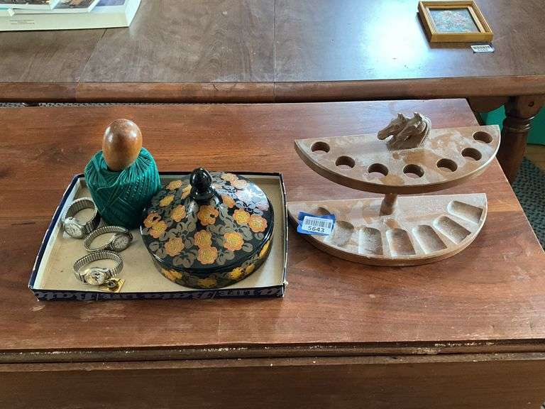 Mickey Mouse, Timex, and Acqua wrist watches, pipe rack, covered candy dish, darning egg and crochet cotton