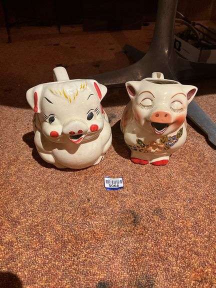Smiley Pitcher Two vintage pottery pig pitchers: American Bisque and Shawnee Smiley ...