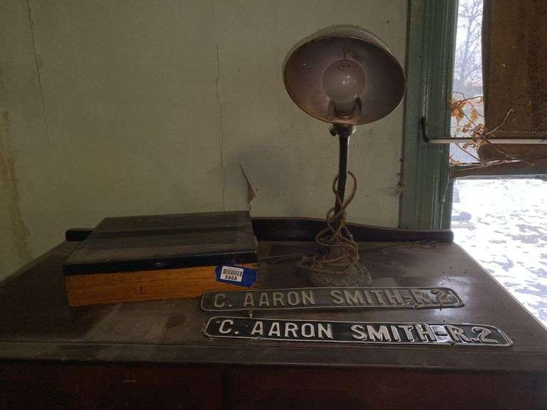 Vintage gooseneck desk lamp, dresser box w/ hair combs/curlers, Smith embossed metal signs