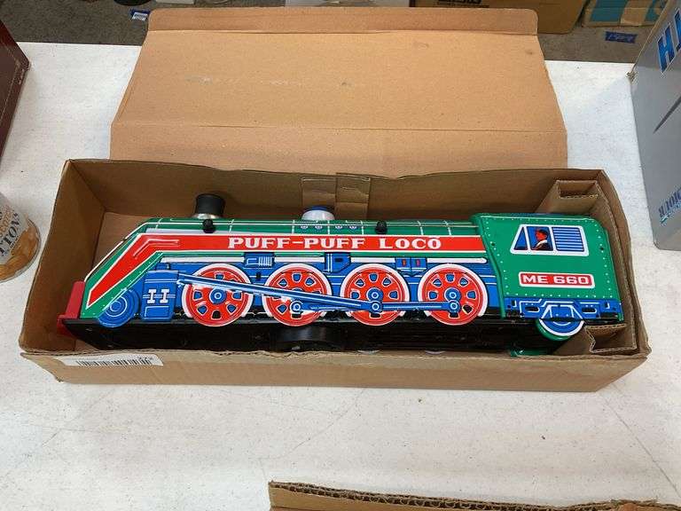 Litho tin Puff-Puff battery op train locomotive in box
