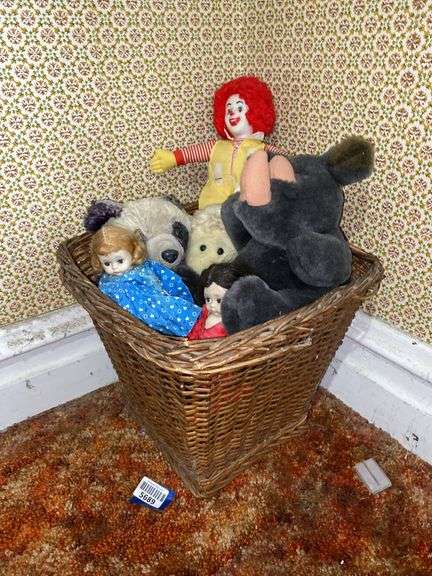 Basket of stuffed animals, dolls, and toys, included cloth Ronald McDonald doll