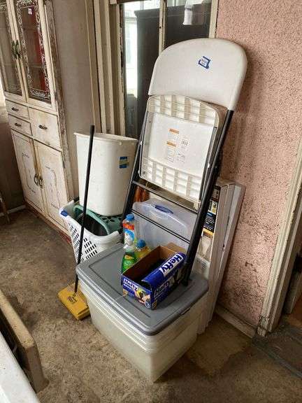 Totes, folding chair, mini blinds, trash bags, waste can, floor sweeper, misc